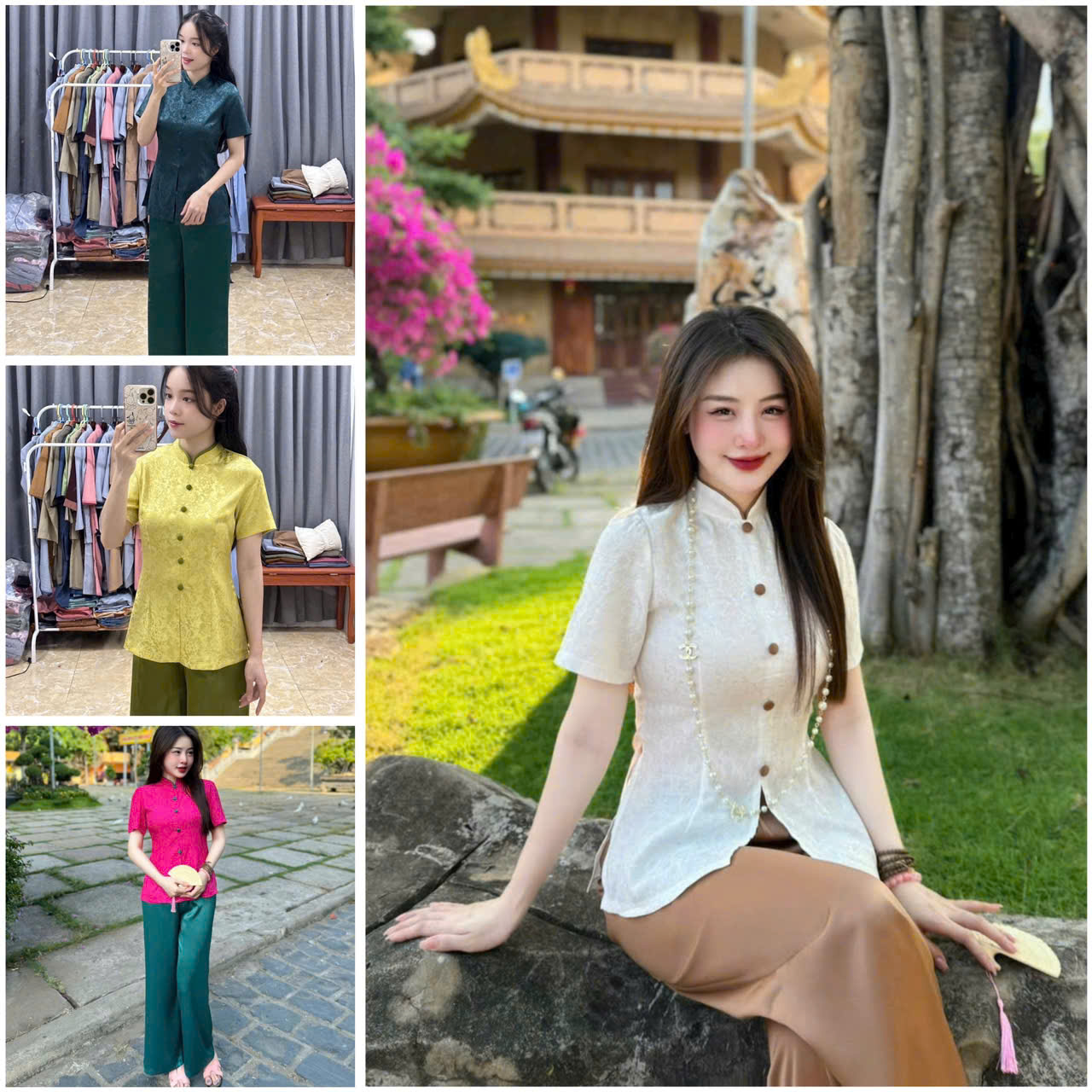 Đồ Lam Đi Chùa # Lụa Hoa Tay Phồng# Quần Áo Nữ