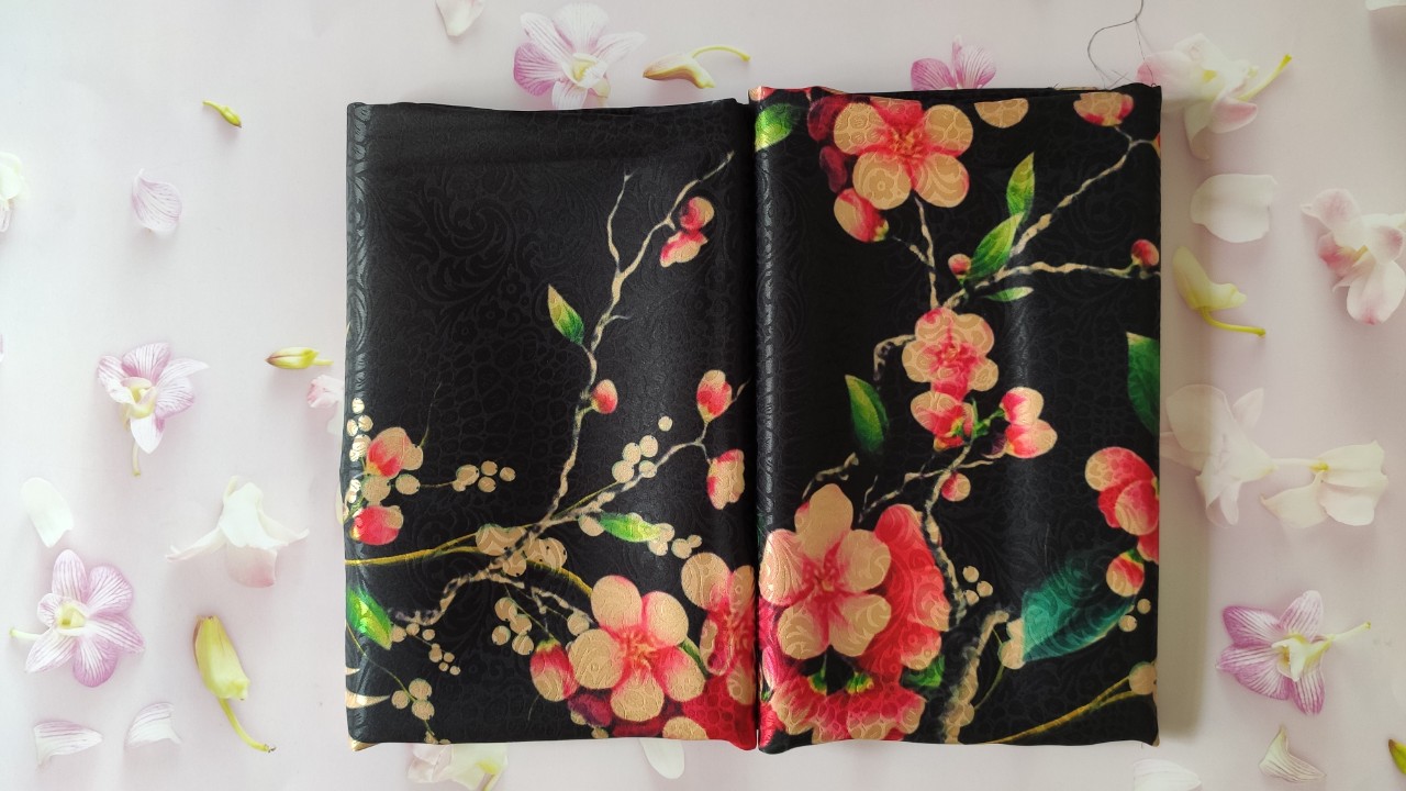 Vải áo dài cao cấp, hoạ tiết đôi chim mừng xuân (lụa Phi Yến)
