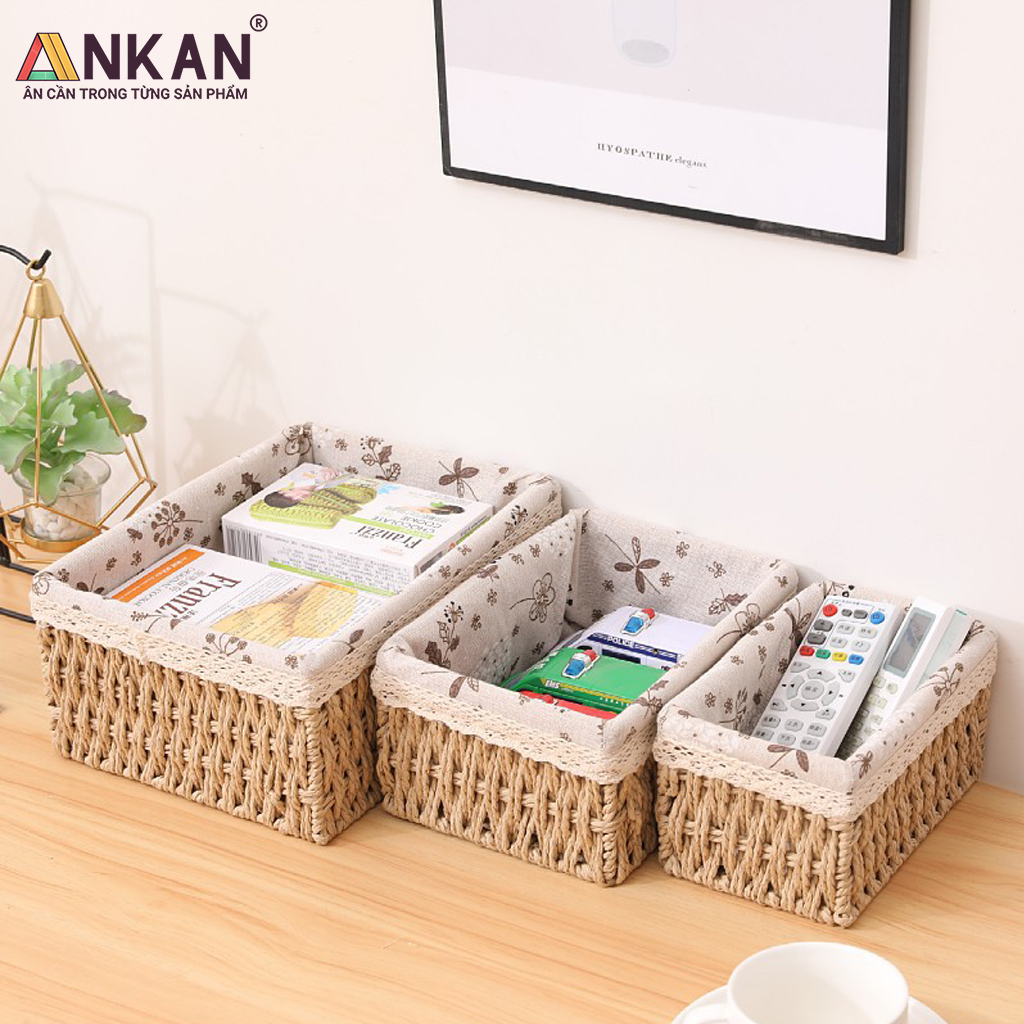 Giỏ cói đựng đồ, đựng mỹ phẩm, đựng đồ ăn vặt để bàn, decor chụp ảnh sản phẩm lót vải vintage thương hiệu ankan
