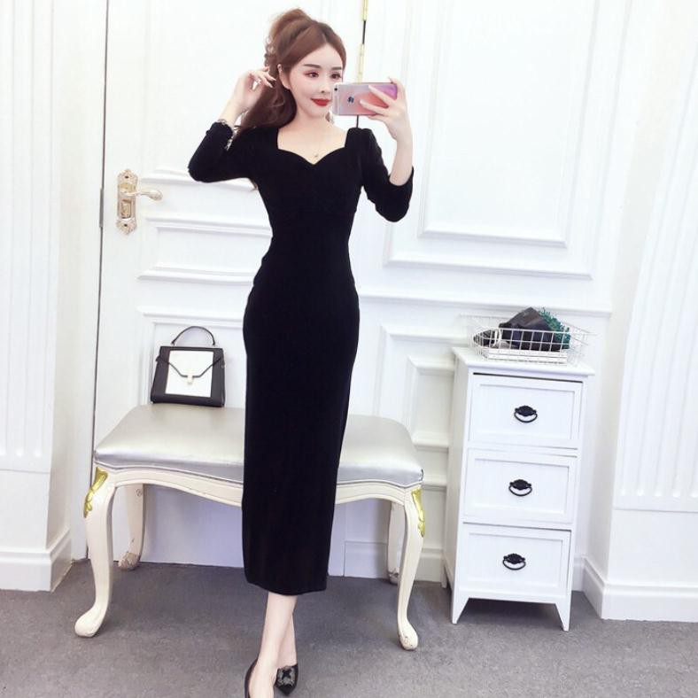 váy nhung dáng dài cổ rún