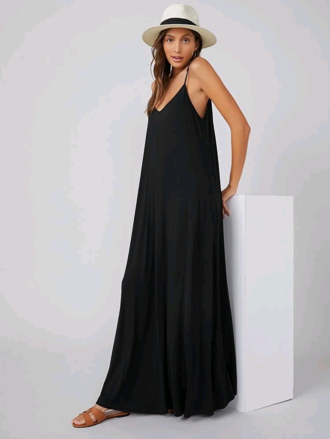 [HÀNG MỸ] Đầm dây maxi TAHARI linen cổ V đen
