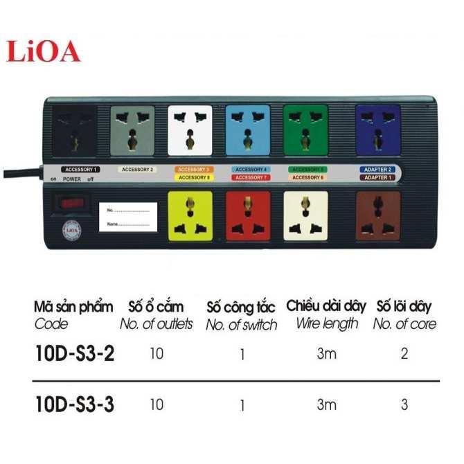 Ổ cắm kéo dài đa năng super LiOA 10D-S3-2 (3m x 10 ổ cắm x 2 lõi dây)