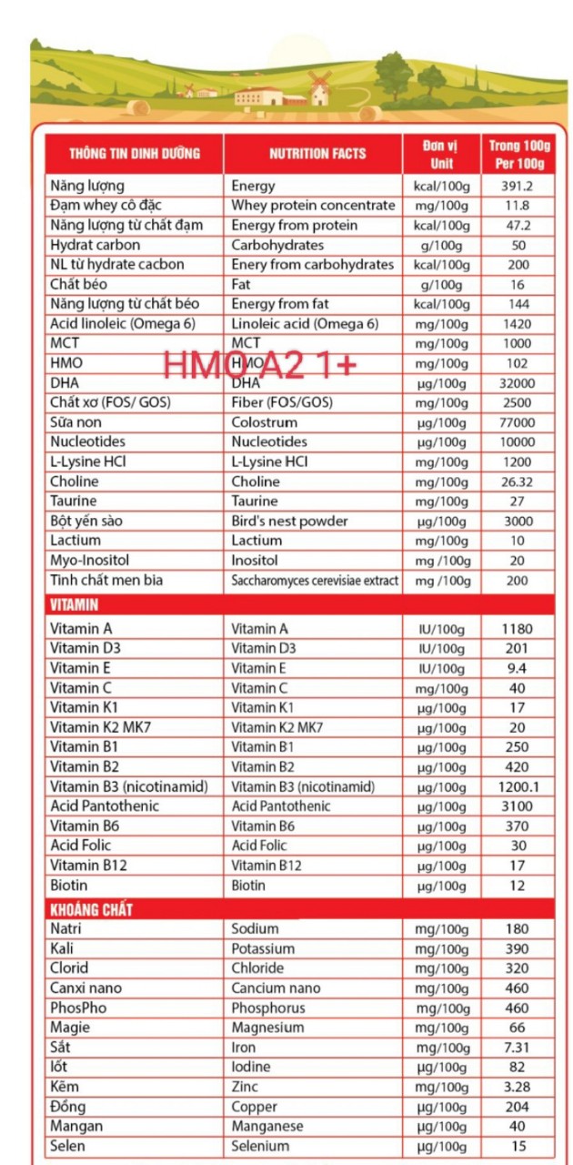 sữa HMO A2 1+ 850g 1-10 tuổi