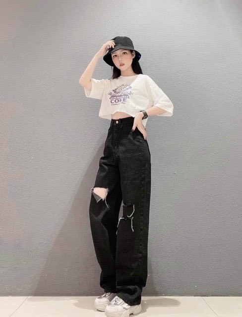 Quần ống rộng rách gối