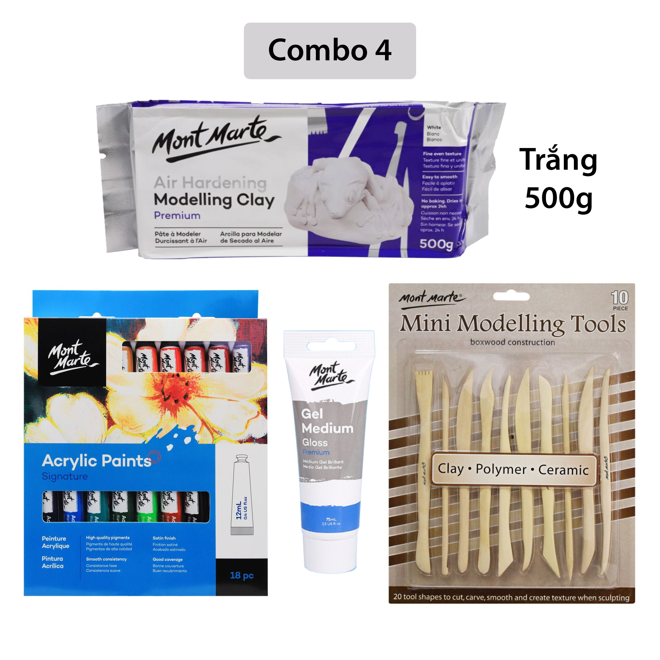 [Giao Hỏa Tốc] Combo Đất Sét Tự Khô 500g Mont Marte và dụng cụ (Air Hardening Modelling Clay)