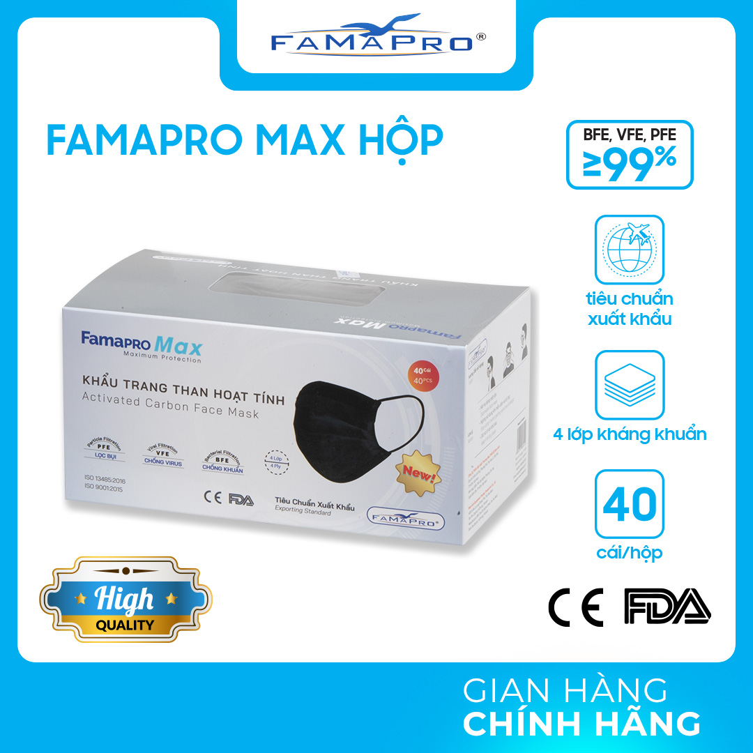Khẩu trang y tế cao cấp 4 lớp Famapro Max kháng khuẩn 40 cái Hộp