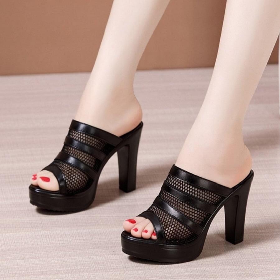 Dép cao gót phối lưới 9f
