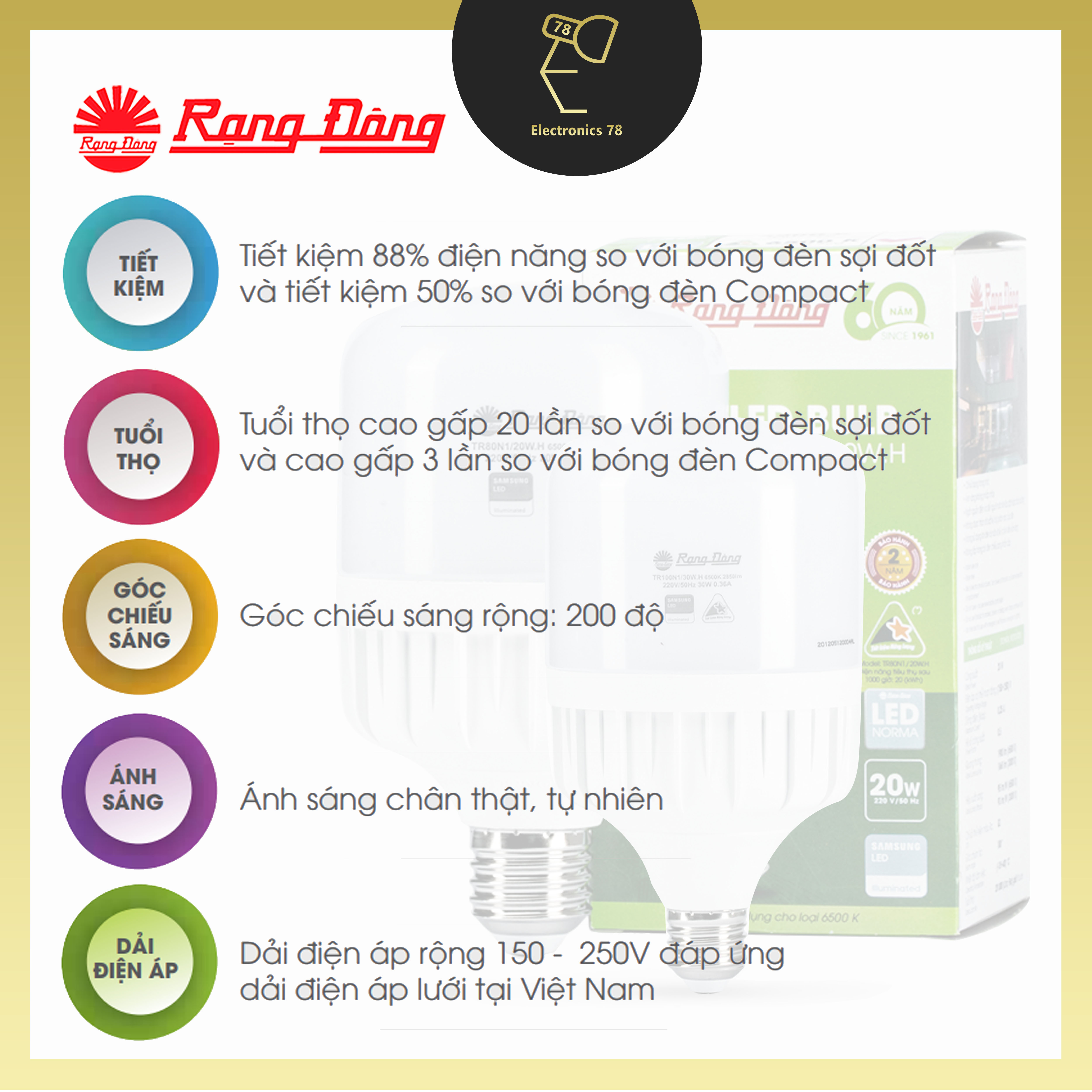 [Chính Hãng] Bóng LED Trụ Rạng Đông, Bóng sáng tiết kiệm điện 20W-30W-40W-50W-60W-80W , Ánh sáng Trắng/Vàng