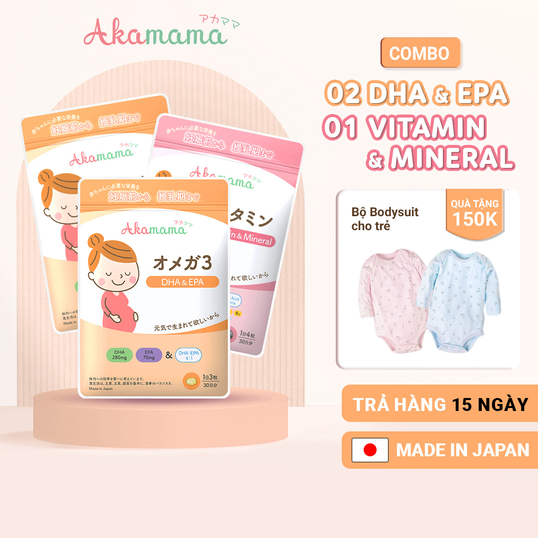 [QUÀ TẶNG 150K] COMBO 2 DHA + 1 Sắt & Vitamin cho bà bầu Akamama, Nhật Bản