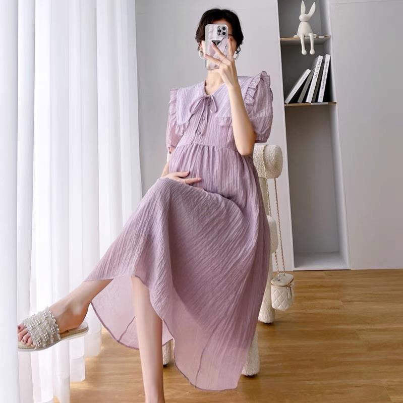 Váy bầu đũi, Đầm bầu Cổ V Màu Tím Pastel