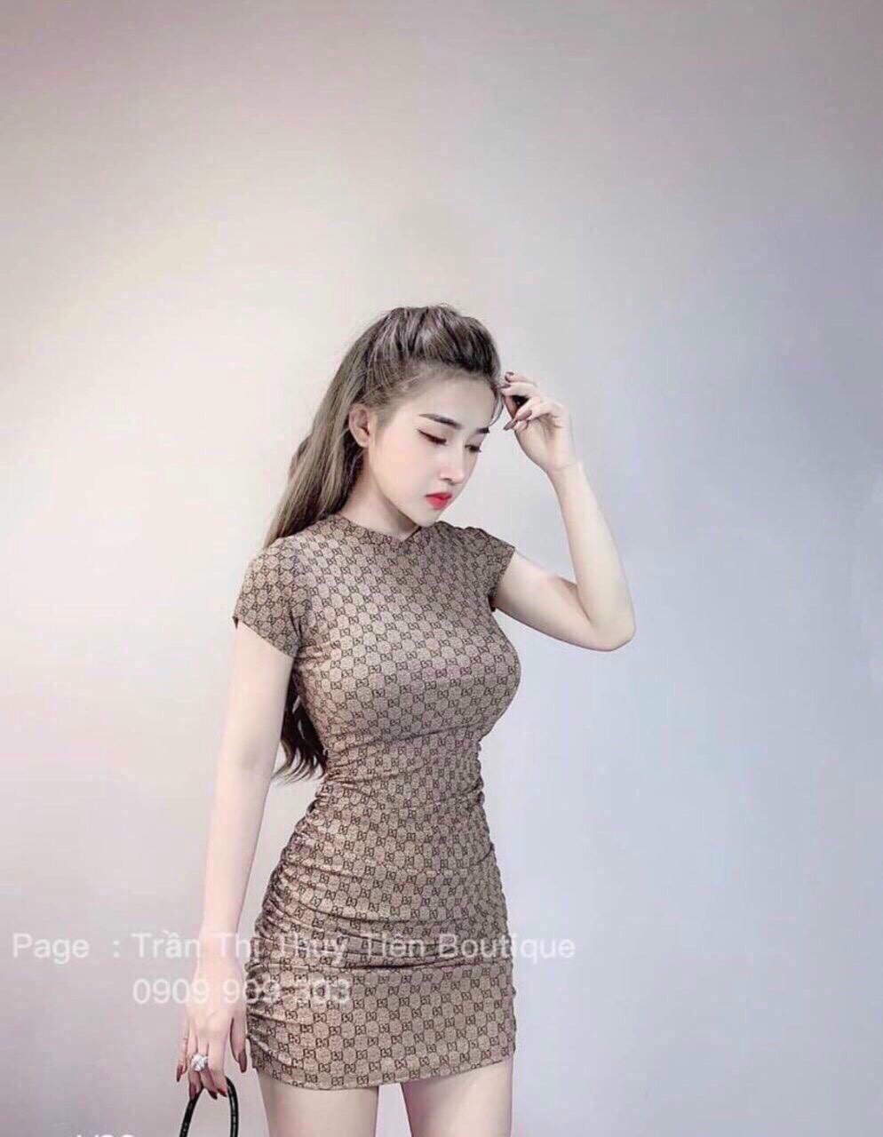 [HCM]Đầm Body nhún họa tiết màu nâu đất sang chảnh cá tính tôn đường cong cho phái đẹp qcs