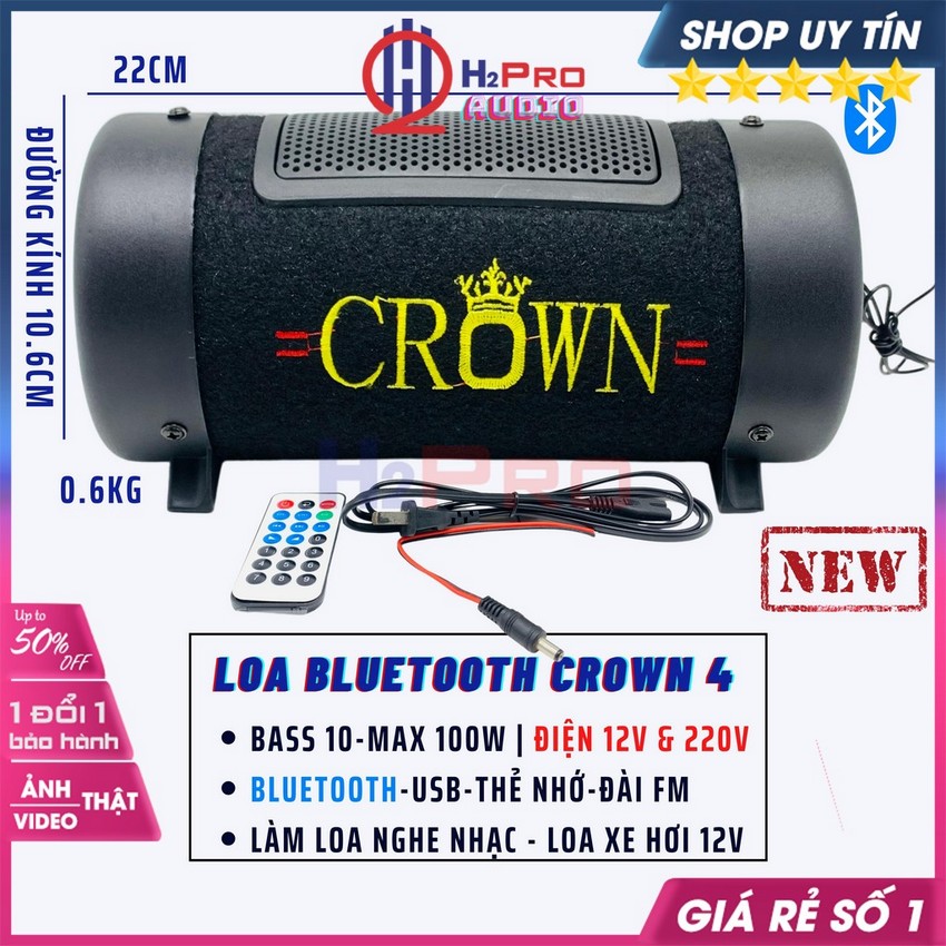 Loa bluetooth crown 4 bass 10 usb-thẻ nhớ-radio fm-karaoke, loa cho ô tô super bass nghe nhạc cực hay - h2pro audio