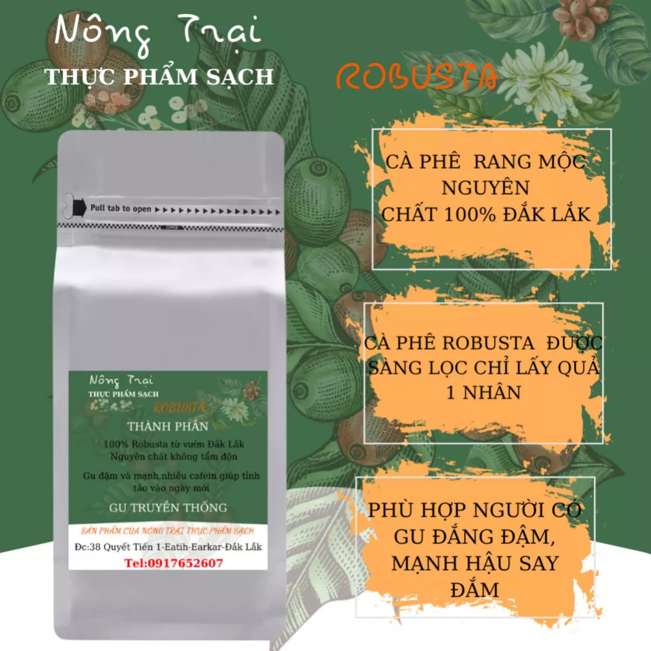 Cà phê Robusta - Cafe rang xay nguyên chất - cafe mộc 500G/gói