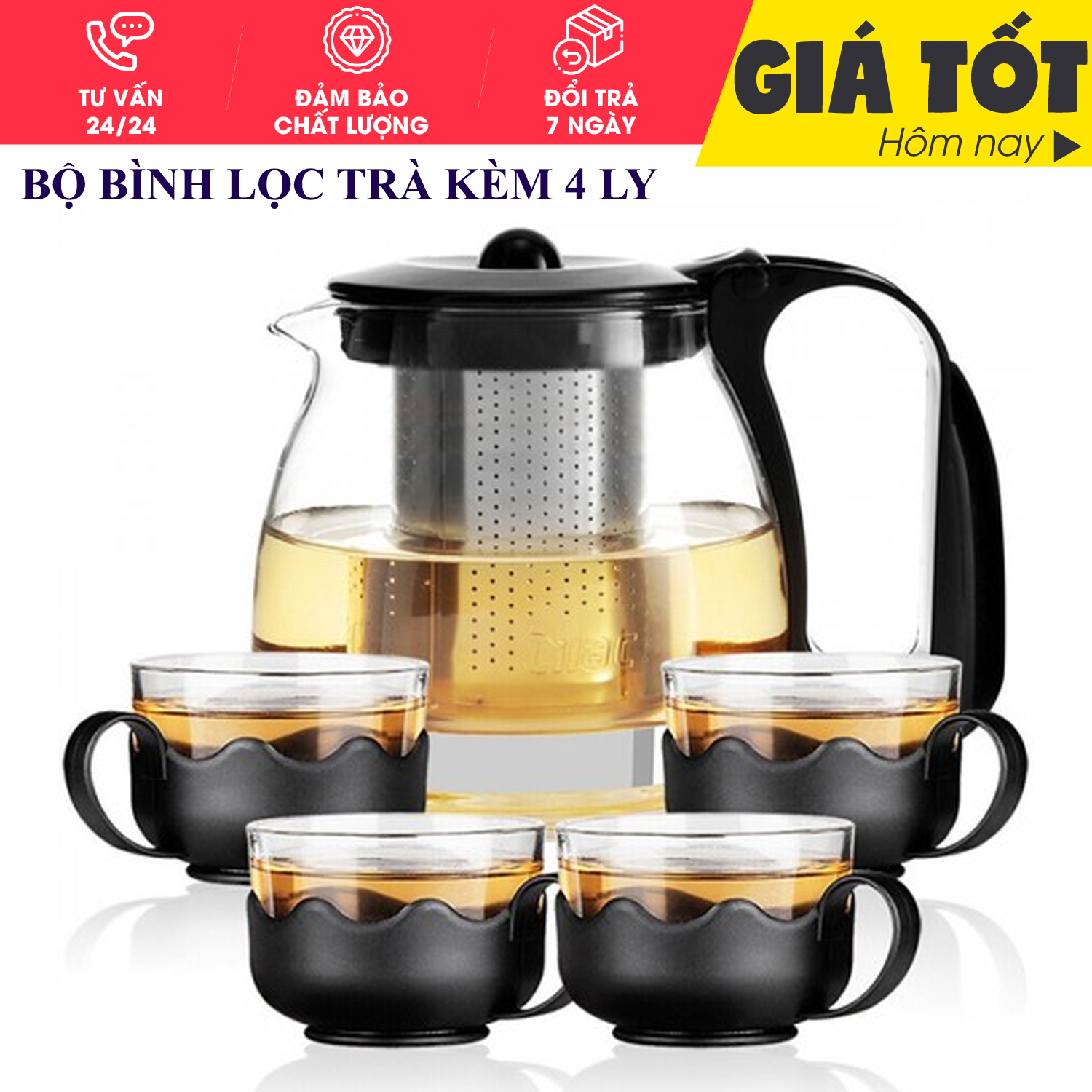 Bình trà - Bộ bình trà - Bộ bình lọc trà kèm 4 ly - Bộ Bình Lọc Trà Nhựa Thủy Tinh Kháng Lực Kèm 4 Ly Lưới Lọc Inox 304 Tiện Dụng- HÀNG BÁN CHẠY, UY TÍN 1 ĐỔI 1