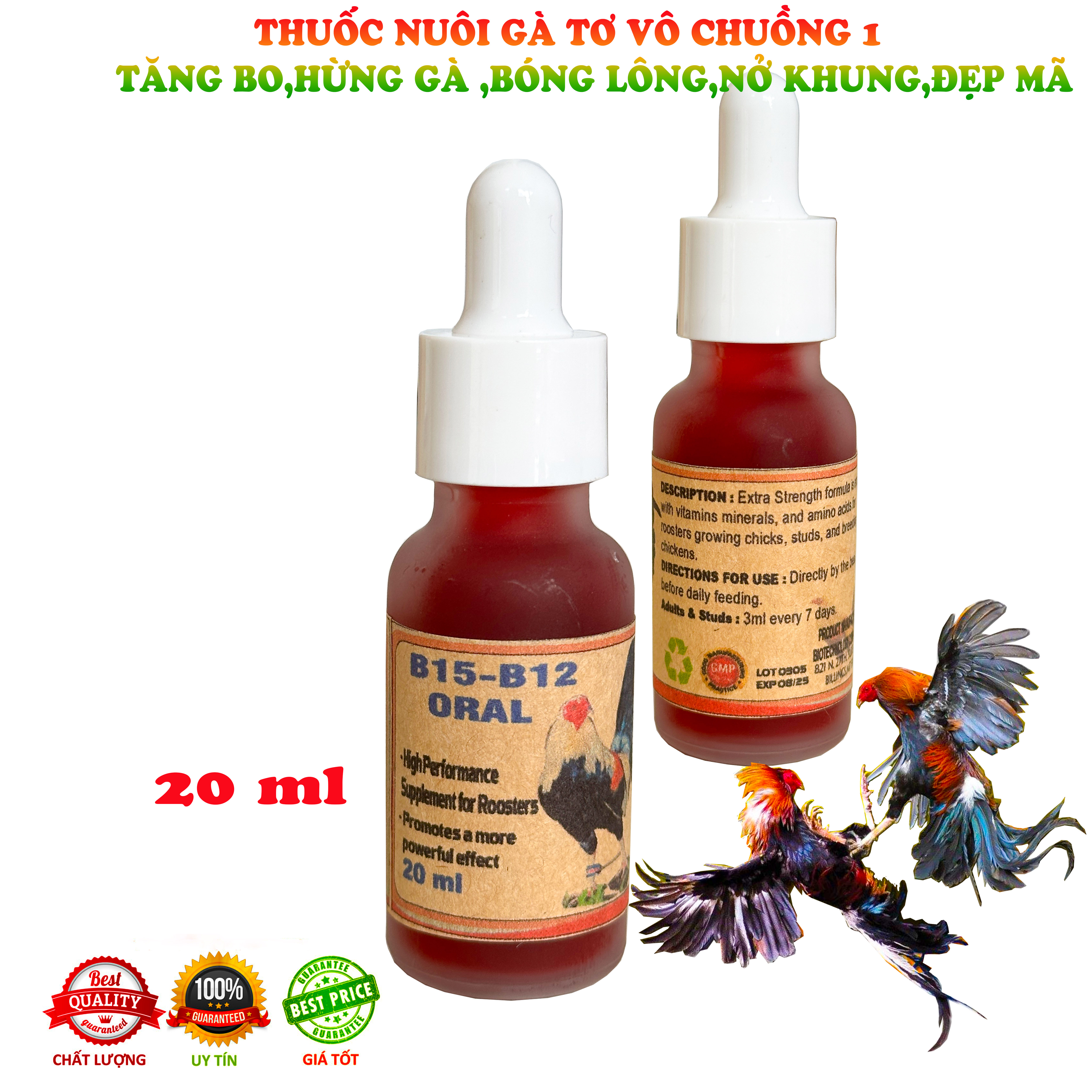 B12b15 dạng uống cho gà đá,nuôi gà tơ chế độ chai uống 20 ml