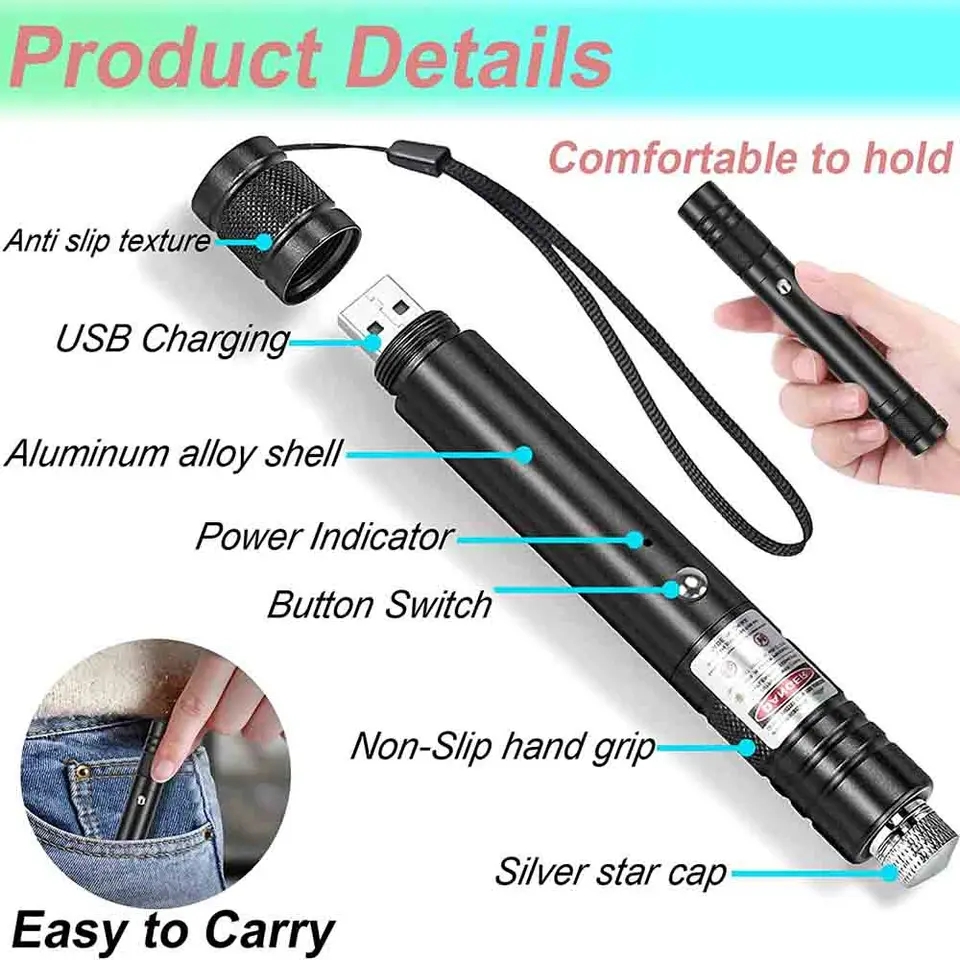 Đèn pin lazer siêu mạnh nhỏ gọn bỏ túi sạc lại qua cổng USB tia xanh