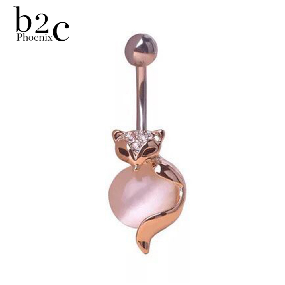 Phoenix B2C Cute Women Faux Opal Fox Shape Barbell Navel Belly Ring Body Piercing Jewelry