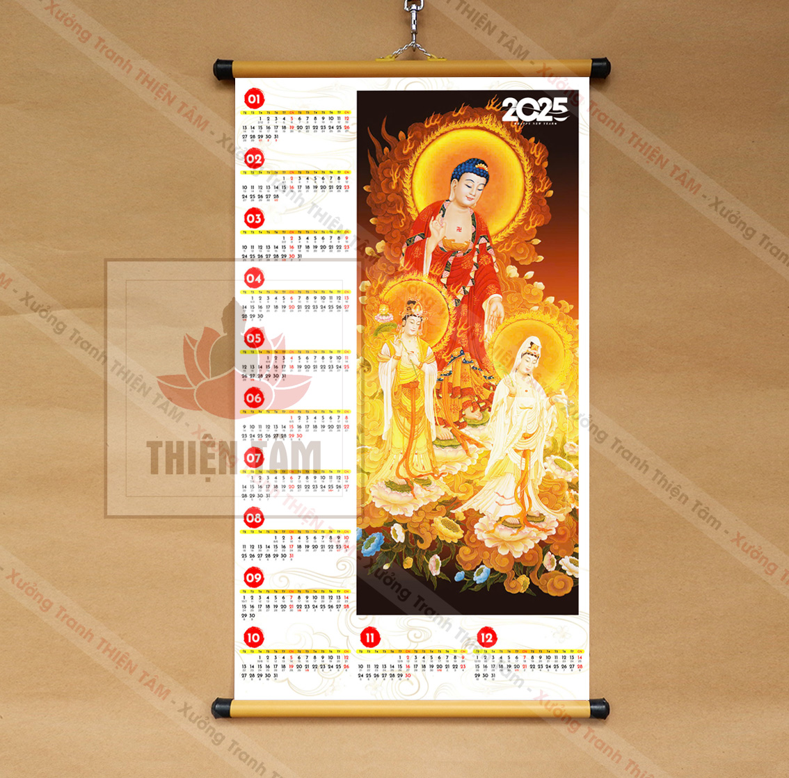 Lịch Phật Giáo 2025 kích thước 40x70cm bằng vải bóng cao cấp, dày dặn (có ngày âm lịch)