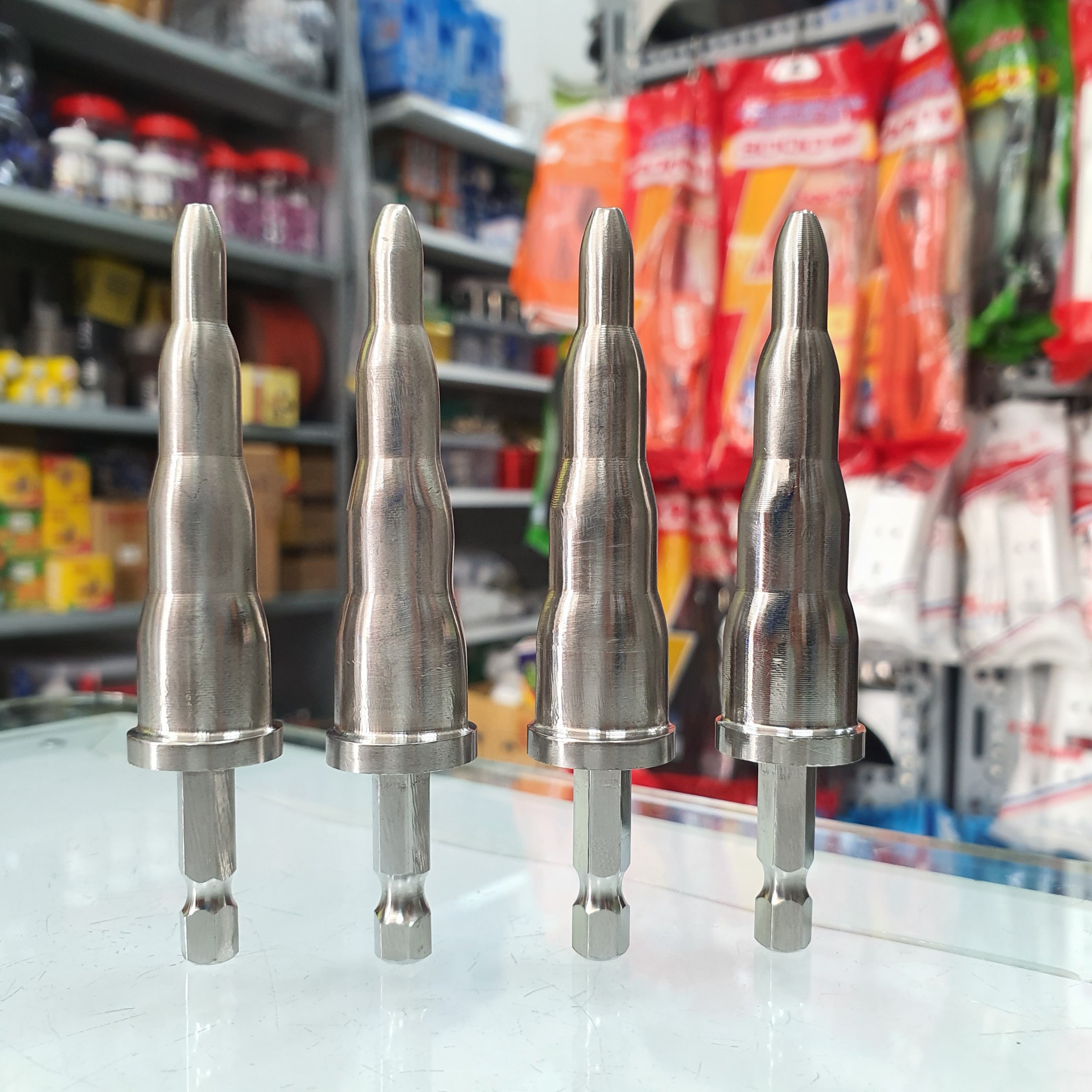Mũi nong ống đồng, loe ống đồng 4 kích cỡ 6, 10, 12, và 16 inox 304 nguyên khối, dùng bằng máy khoan
