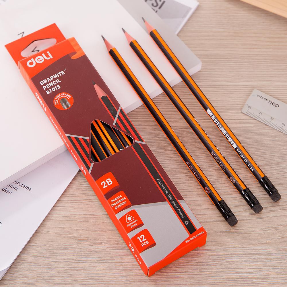 Bút chì gỗ, bút chì chuốt, bút chì 2b deli 37013 - hộp 12 cây