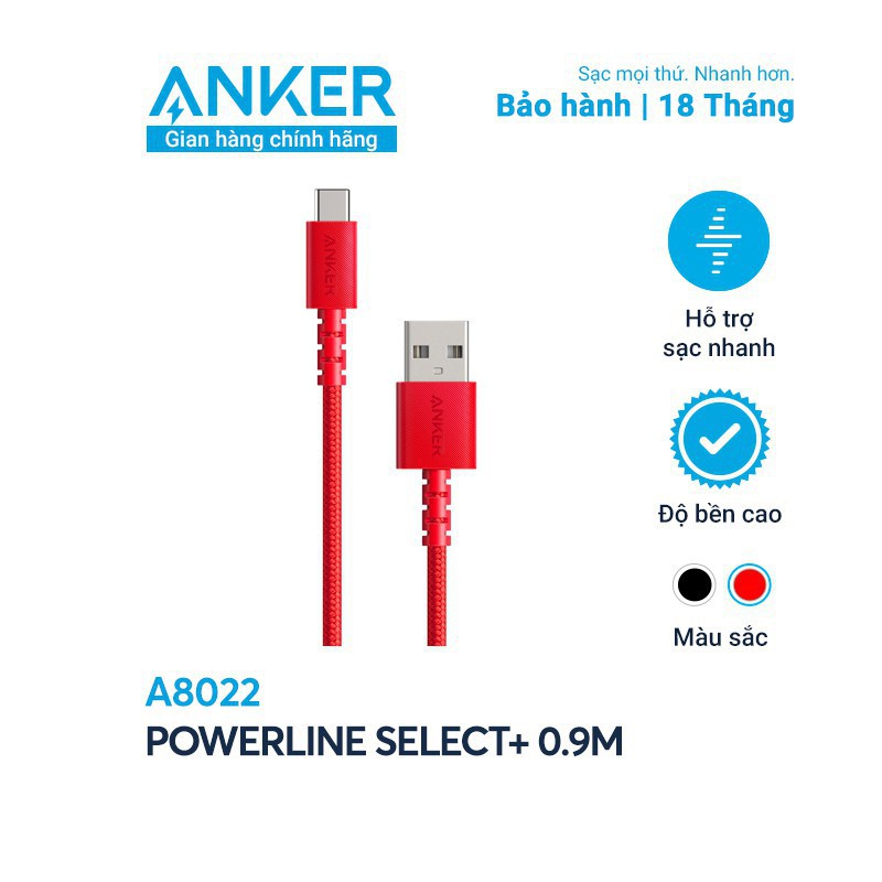 Cáp Sạc Type C Anker Powerline Select+ Usb-C Ra Usb 2.0 Dài 0.9M Hàng - A8022