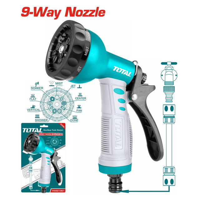 Vòi phun nước xịt rửa total thws010901 thws010301 đầu phun tưới cây 8 tia bộ công cụ 3/4 inch thân nhựa abs tpr tay cầm thoải mái
