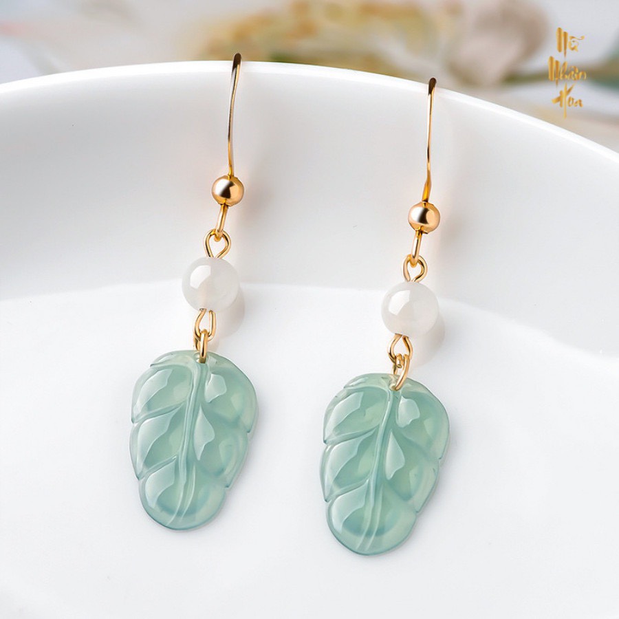 BT251 Bông Tai Ngọc Phỉ Thuý Hình Chiếc Lá