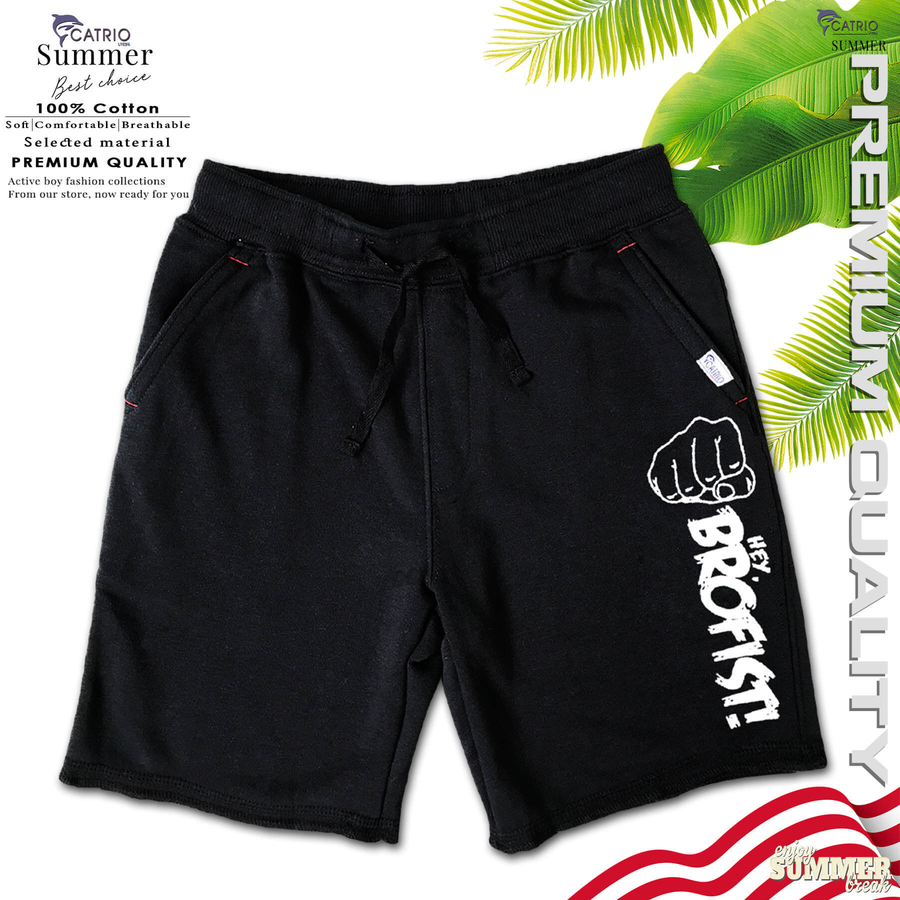 QUẦN SHORT THUN BÉ TRAI CATRIO IN BROFIST MÀU ĐEN là quần lửng, quần ngố trẻ em từ 5 tuổi (20kg) đến 18 tuổi(70kg) vải 100% cotton, khi kết hợp với áo ngắn tay thành bộ đồ bé trai tuyệt đẹp để mặc đi học, đi chơi