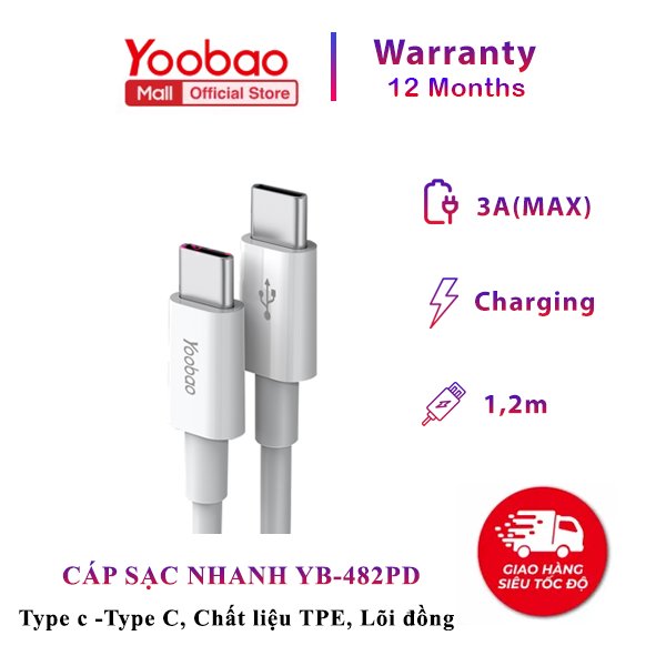 Cáp sạc nhanh yb- 482pd yoobao type-c sang type-c -cáp dài 1,2m - chất liệu tpe, abs. pc cao cấp- lõi đồng đóng hộp - bảo hành 12 tháng