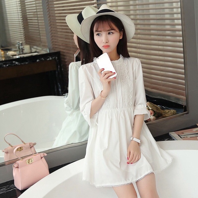 ĐẦM TRẮNG TAY NƠ MS12 (có ảnh thật)