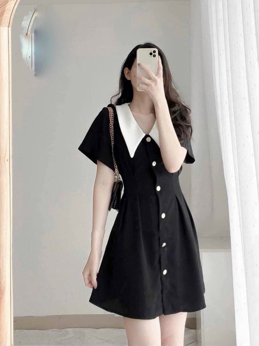 Đầm đen cổ trắng nút trước