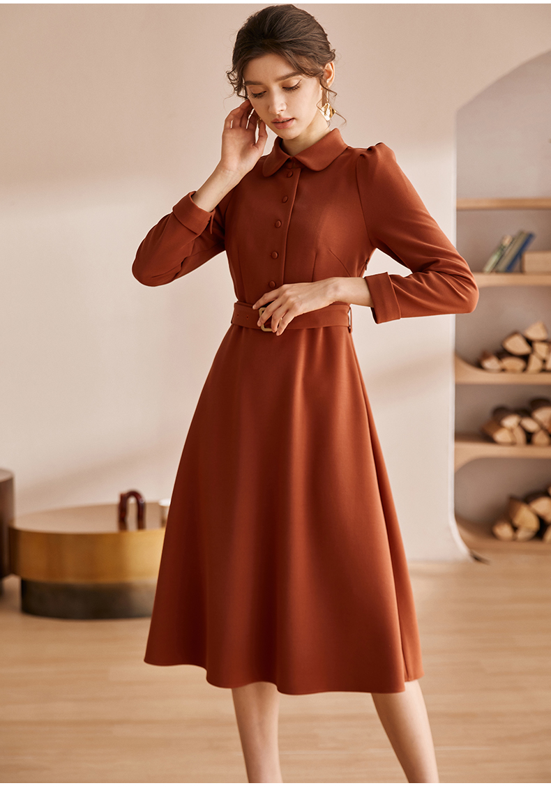 Đầm cam đất cổ sơ mi xòe tay đài kèm đai eo