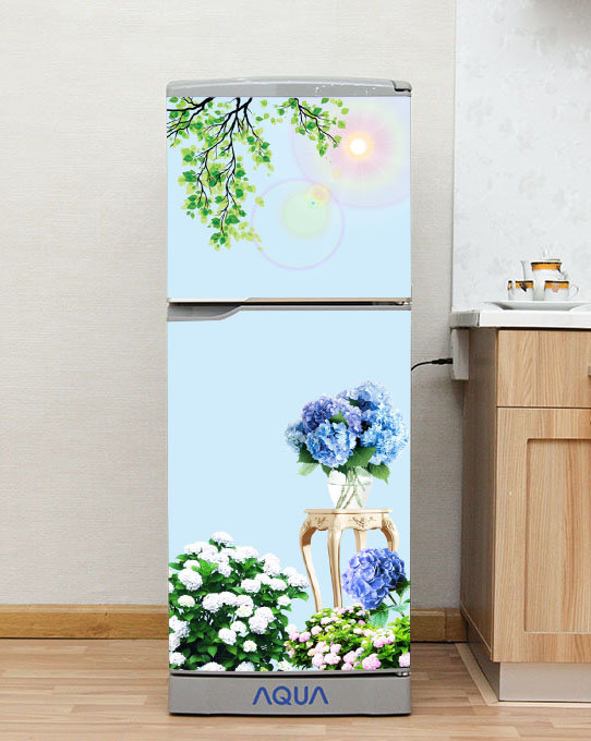 Decal dán, miếng dán trang trí tủ lạnh - Mẫu Cẩm Tú Cầu Xanh