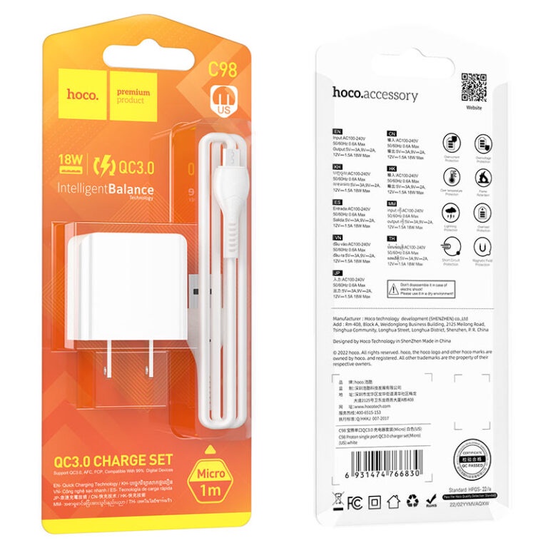 Bộ sạc nhanh 18w hoco c98 cổng usb, qc3.0 cho điện thoại android