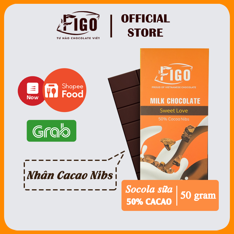 Milk Chocolate Figo Kẹo Socola sữa 50% Cacao nhân Cacao Nibs Thanh 50gr