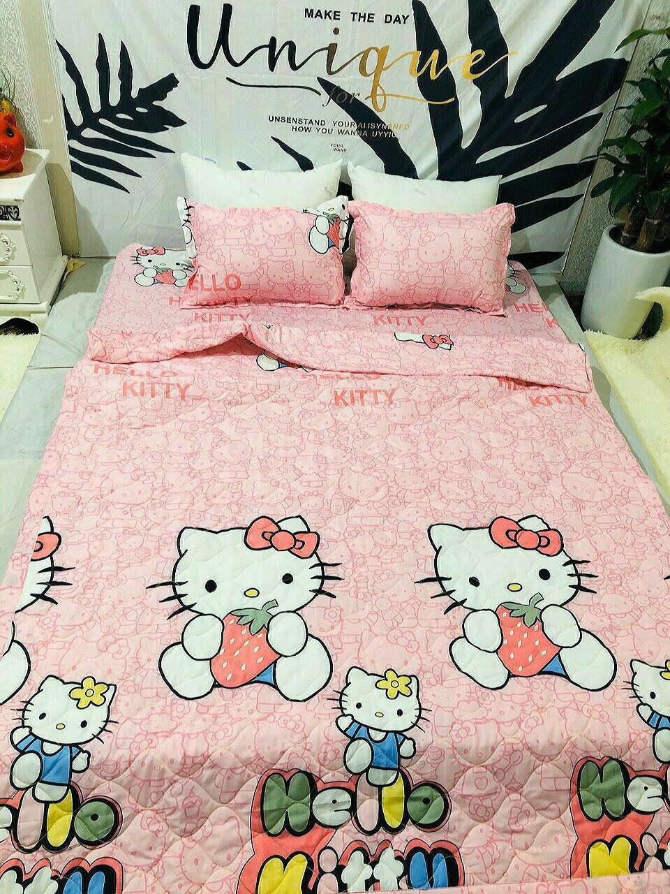 Bộ Chăn Ga Vỏ Gối 5 MÓn - 4 MÓN HELLO KITTY HỒNG NHẠT ( 1 Drap + 2 Vỏ Gối Nằm + 1 Chăn Hè + 1 Vỏ Gối Ôm )