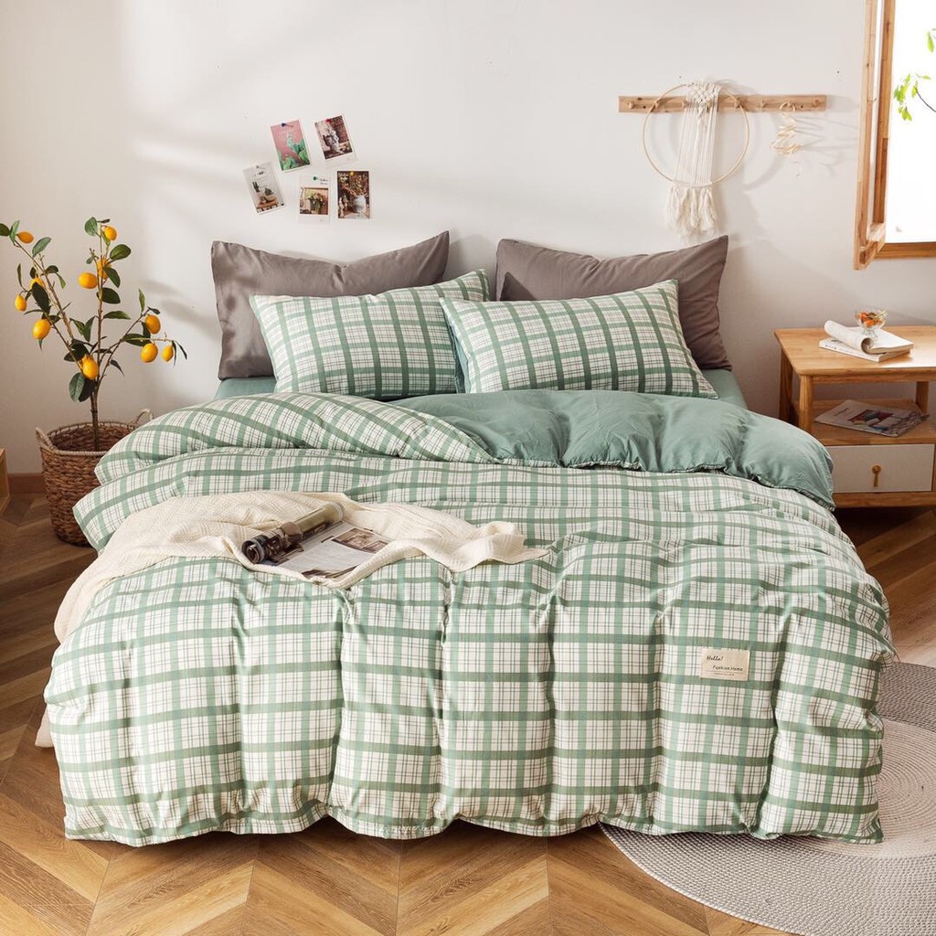 Chăn ga gối Emmi Bedding Cotton TC KẺ XANH SỌC, set 4 món gồm 1 vỏ chăn, 1 ga bọc chun theo yêu cầu, 2 vỏ gối nằm, chăn ga gối đệm cao cấp chất liệu mềm mịn, thoáng mát, phối màu phong cách Hàn Quốc