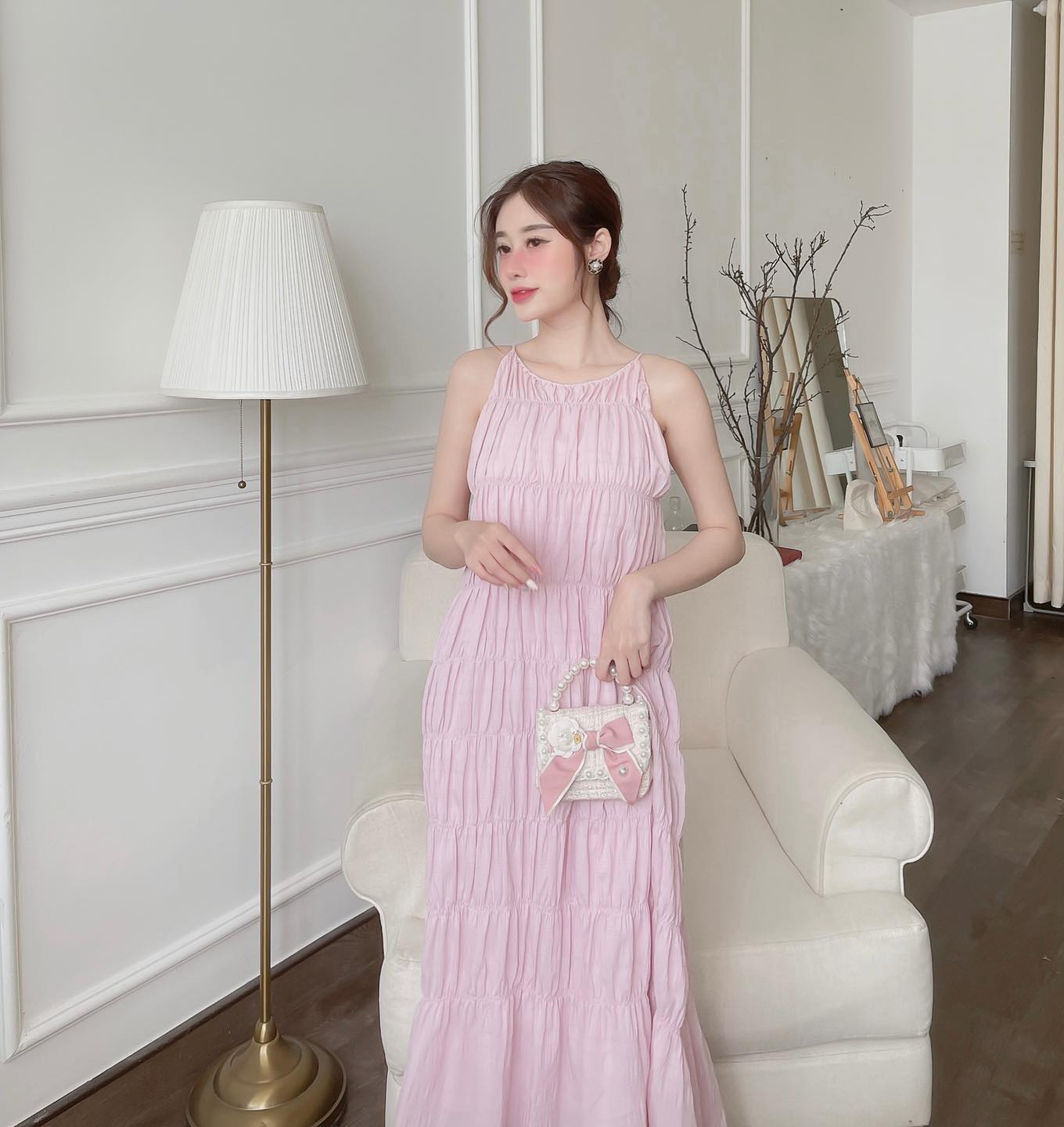 [Ảnh thật] Đầm maxi 2 dây cổ yếm nhún tầng