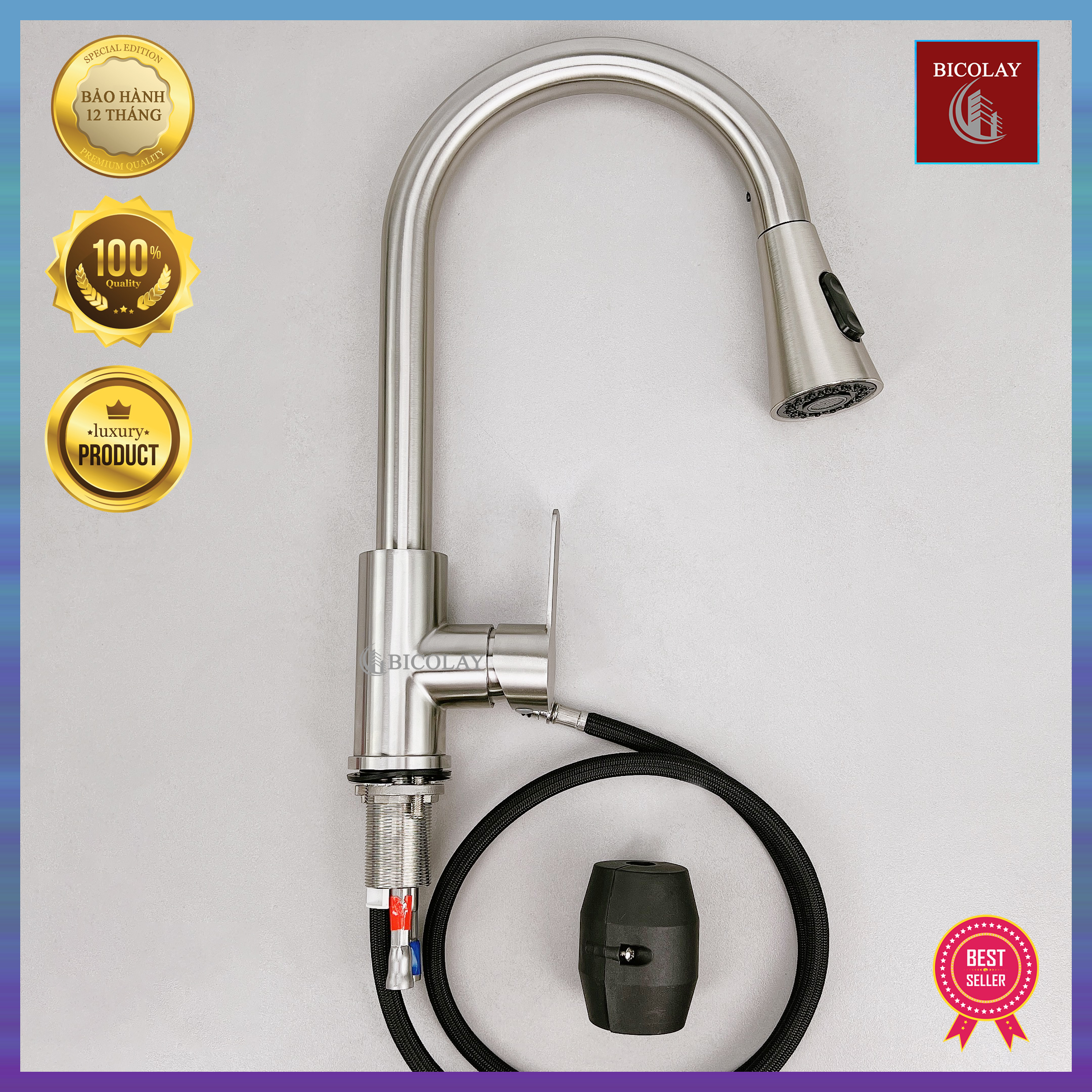 Vòi rửa chén bát rút dây nóng lạnh inox sus 304 cao cấp bicolay 5017 xoay 360 độ 2 chế độ nước