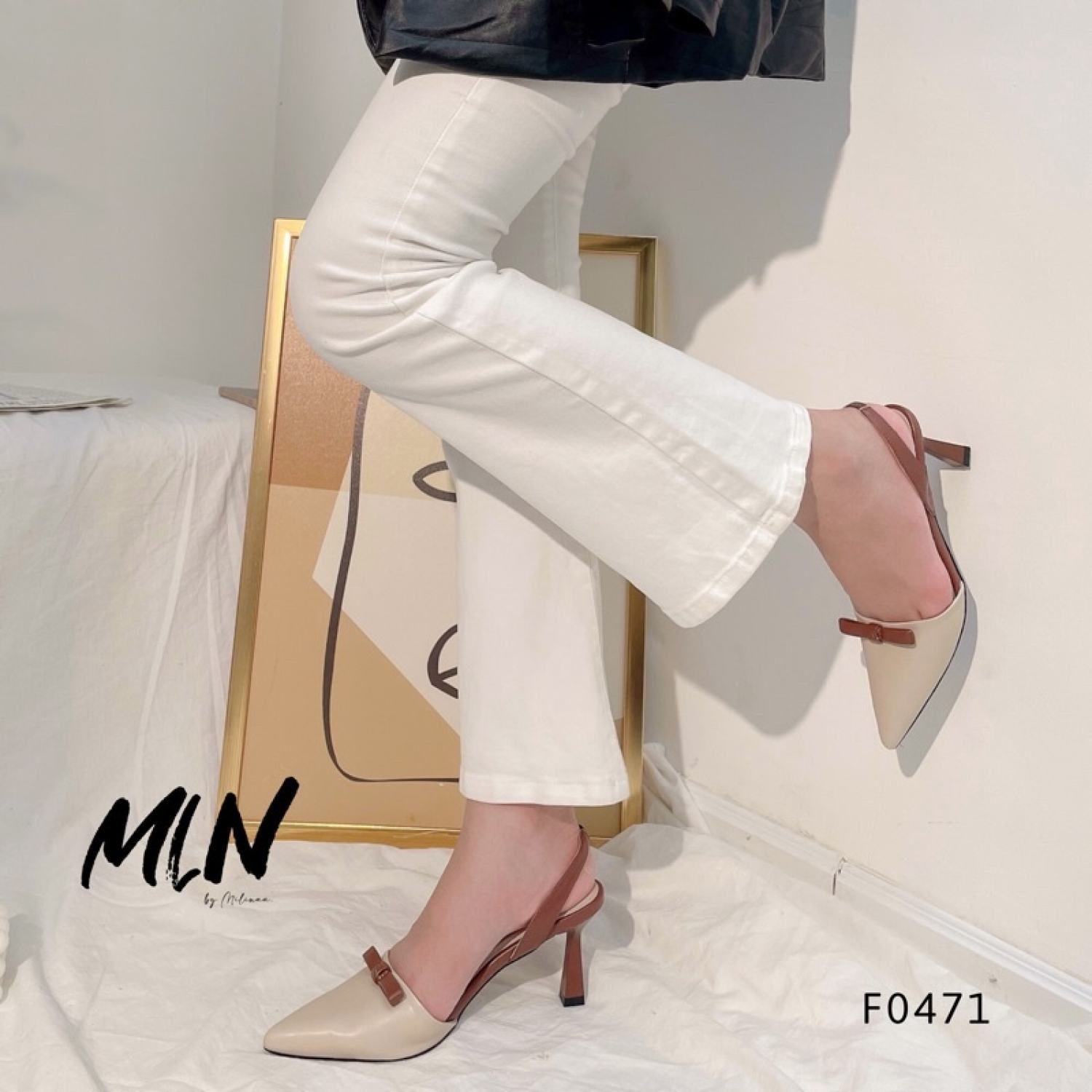 Giày cao gót nữ slingback gót nhọn 5p bít mũi da mềm phối nơ nhỏ hàn quốc f0471