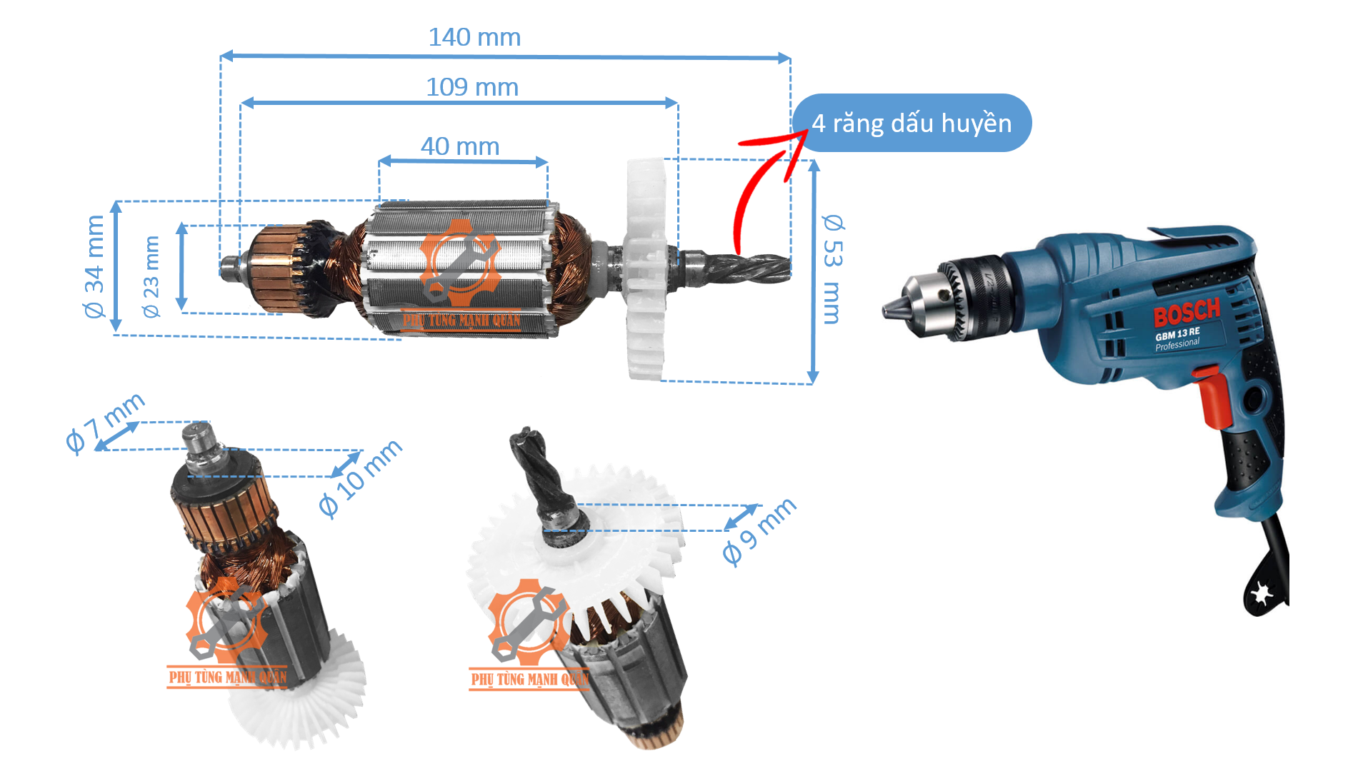 Rotor/ruột máy khoan BOSCHH đầu 13mm (THÂN 34) tặng kèm chổi than cao cấp