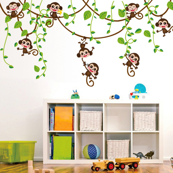 Decal dán tường khỉ đùa nghịch trên dàn dây leo cho bé Sticker Tranh Dán Tường AY7247- Decal dán tường cho bé - Decal dán tường động vật