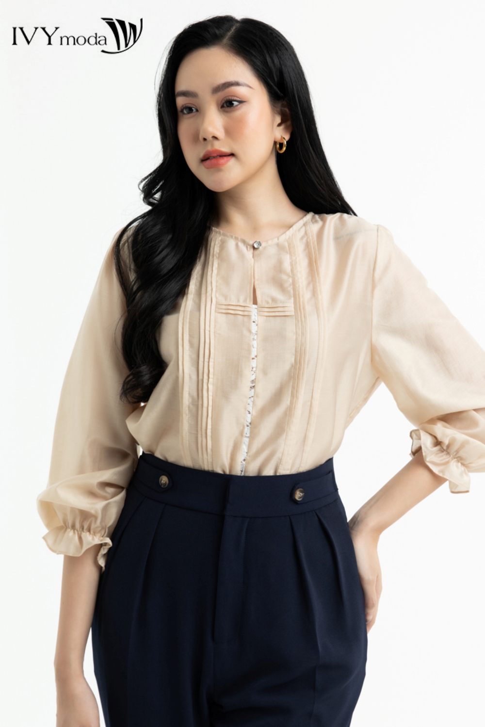 Áo sơ mi vải lụa tencel ivy moda ms 17t0124