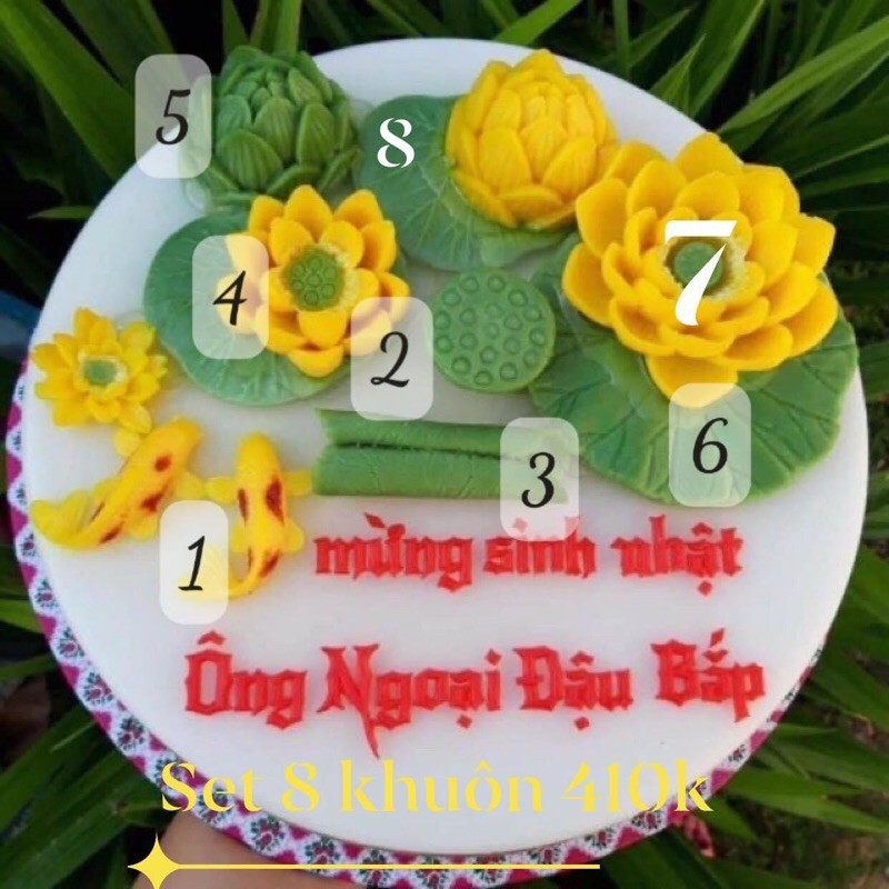 Combo 8 khuôn silicon hoa sen nở 7,5cm/búp sen/đài sen/lá sen cụp/ lá sen tròn/sen đại/ lá vừa/cá koi