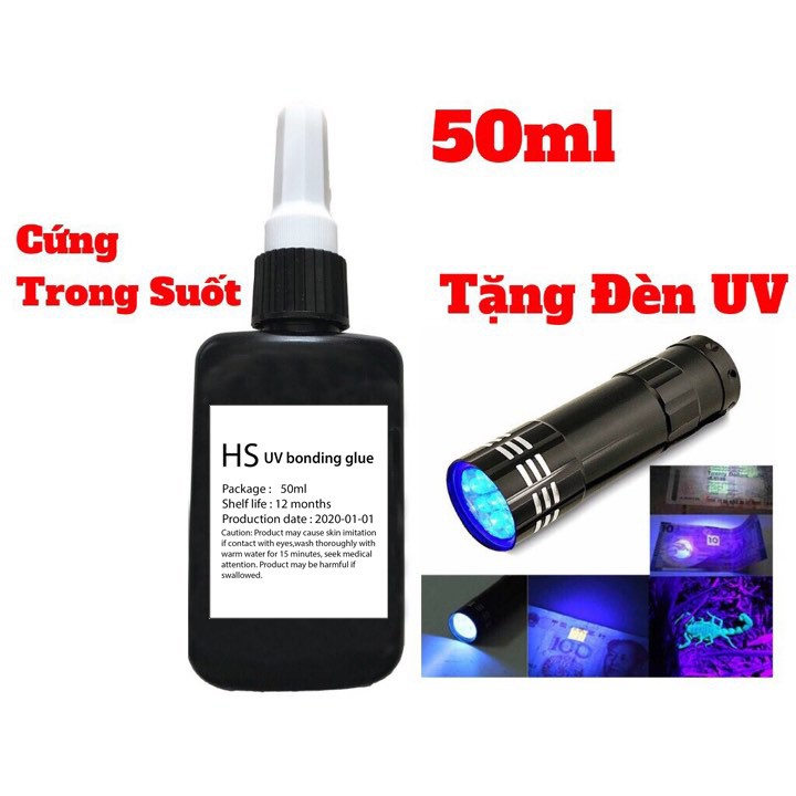 Combo keo uv trong suốt dán kính- dán mica 50ml + kèm đèn led uv 9 bóng