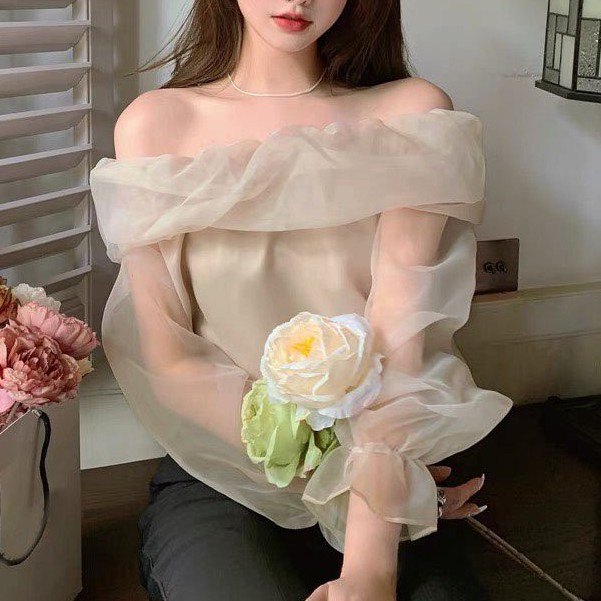 Áo voan trễ vai tiều thư sang chảnh, áo trễ vai dài tay_a7