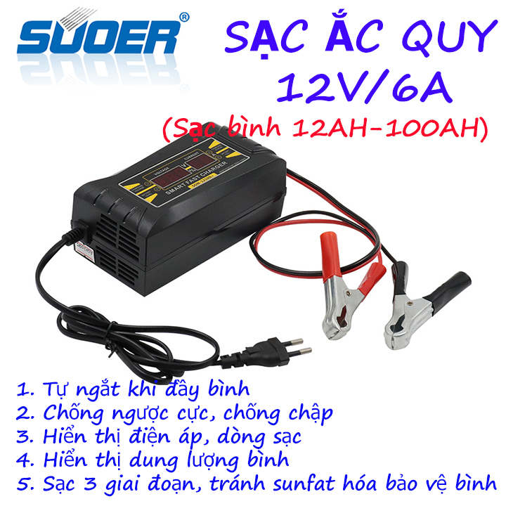 Sạc bình ắc quy 12v SUOER-SON1206D từ 12Ah-100Ah tự ngắt khi đầy chống ngược cực, chống chập Sạc acquy xe máy acquy ô tô máy nạp bình ắc quy sạc bình ắc quy 12v