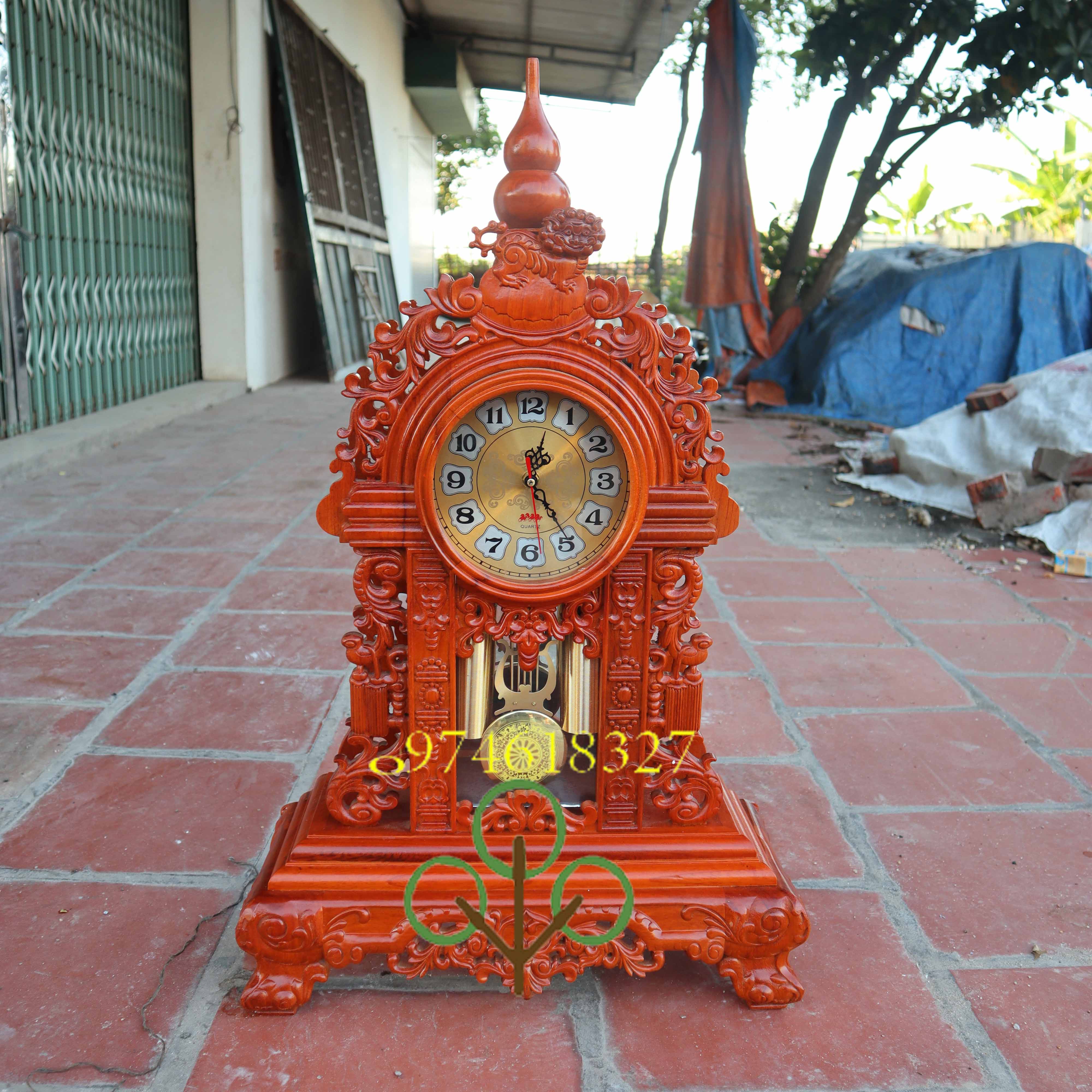 Đồng hồ kỳ lân để bàn quả lắc gỗ hương cao 77cm