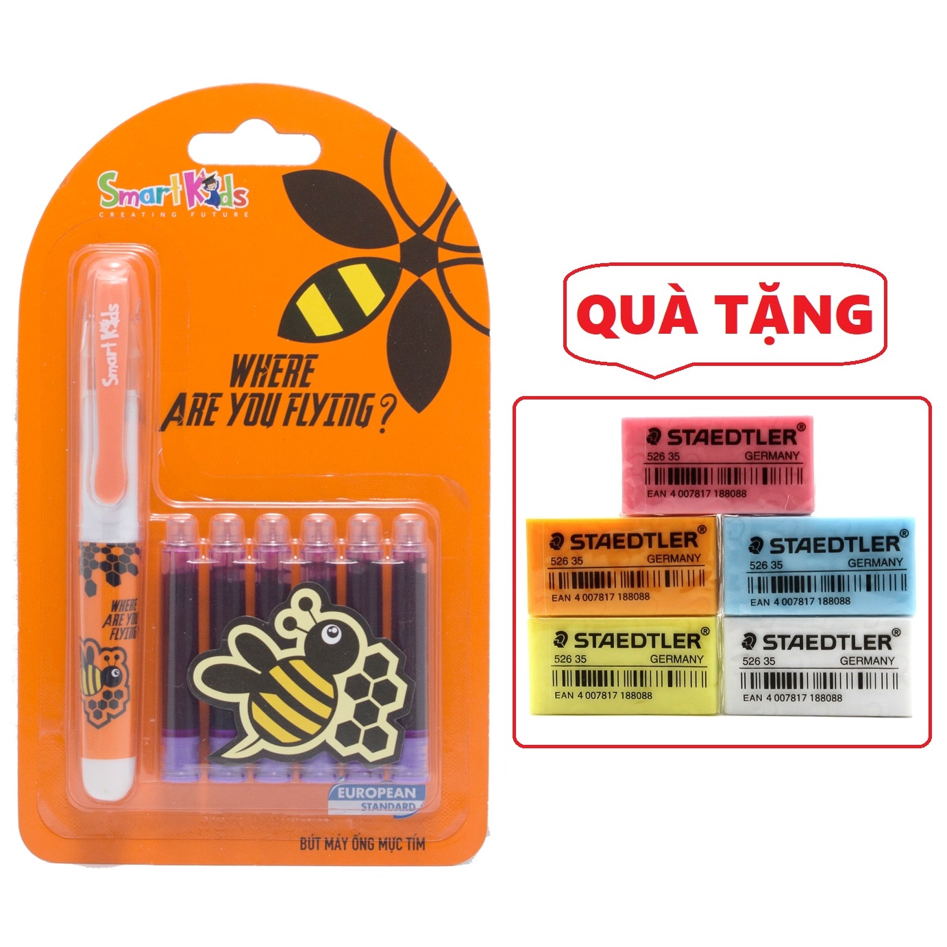 Bút máy smartkids sk-cfp001 kèm 6 ống mực tím - tặng 1 tẩy chì staedtler