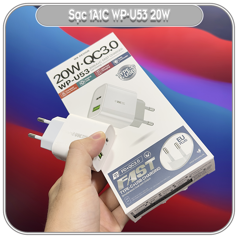 Sạc nhanh 20w pd & qc3.0, wk wp-u53, 1a1c , 2 chấu tròn eu - hàng nhập khẩu